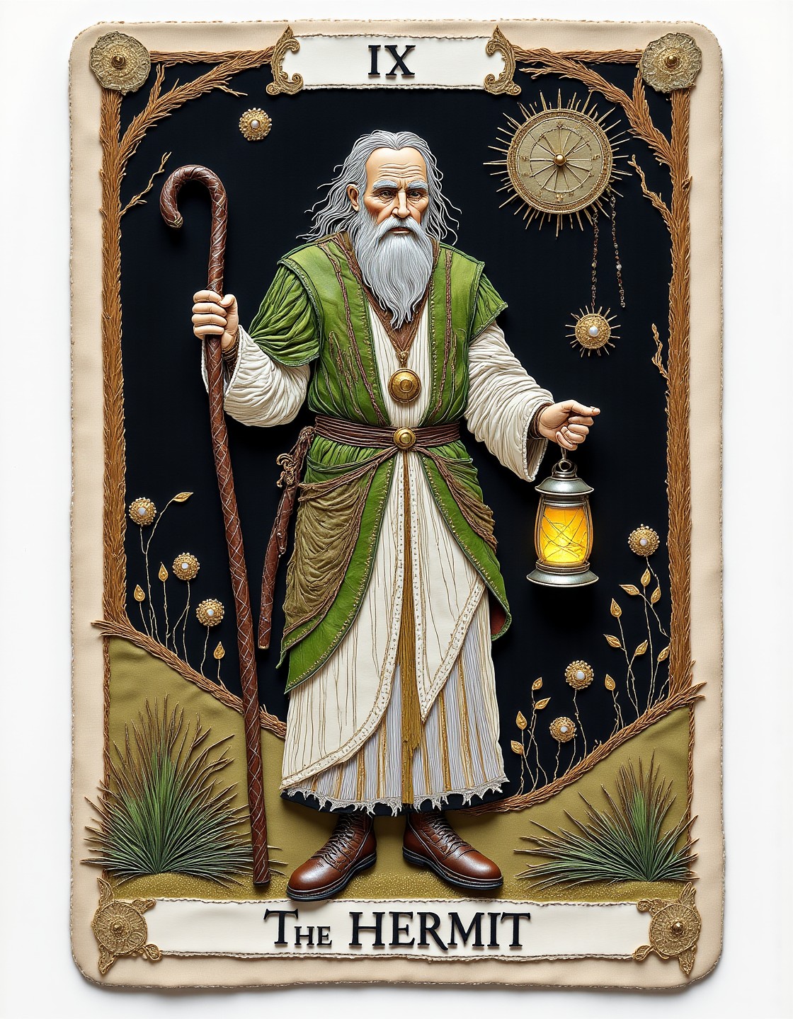 09 Tarot card of The Hermit, with text _IX_ at the top and text _The Hermit_ at the bottom, elderly, standing holding a staff and a 1674766408 c=1 20 0.4 Euler flux1-dev-Q4_0.jpg